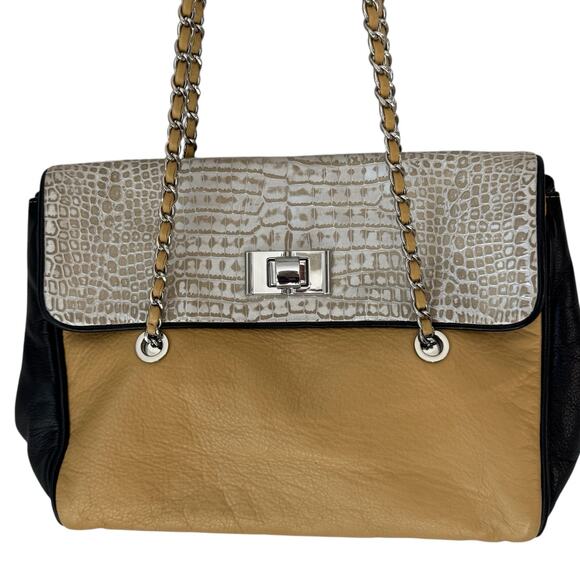 ELIE TAHARI Purse Yellow Gold Silver Colorblock Satchel Shoulder Chain Handle - Picture 3 of 10